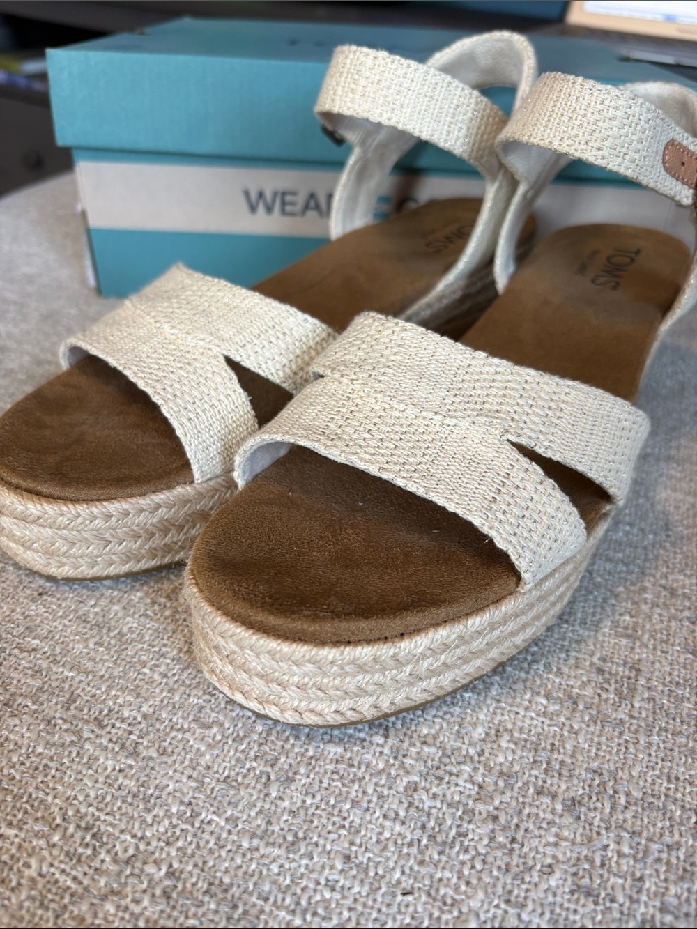 TOMS Cream Canvas Espadrille Platform Sandals